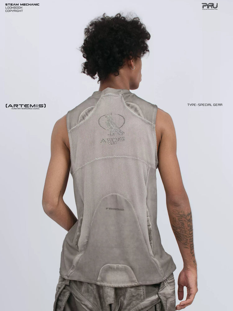 AEGIS lunar sea gray distressed mesh tank — rear three-quarter modeled view showing mesh panels