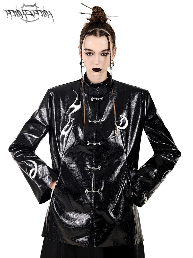 PINKSPINK ELECTRIC MOON embroidered buckle jacket — black front modeled close-up showing the metal buckles and white embroidery