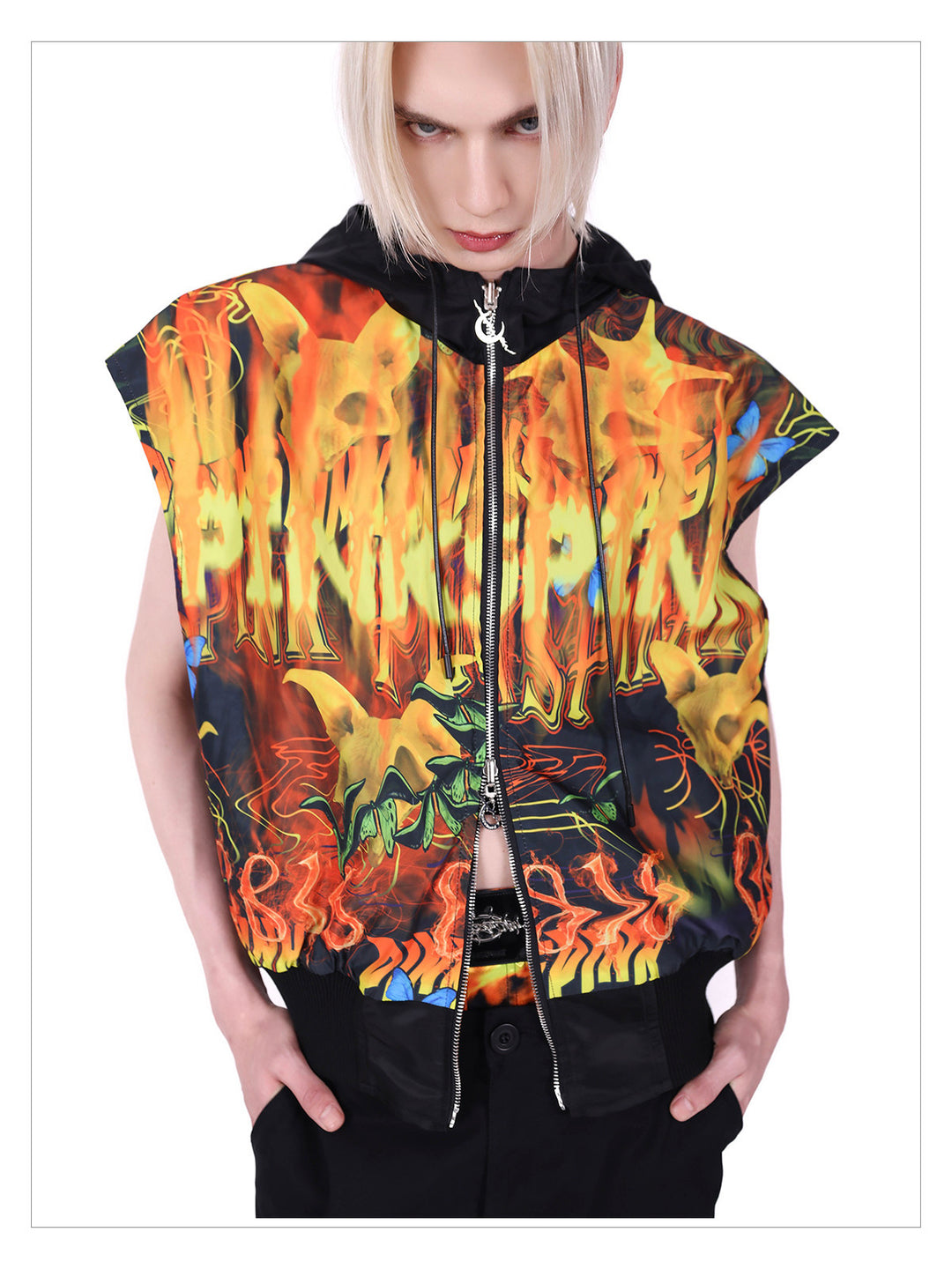 PINKSPINK FIRE CAT reversible mohawk hooded vest — product detail view showing texture and hardware