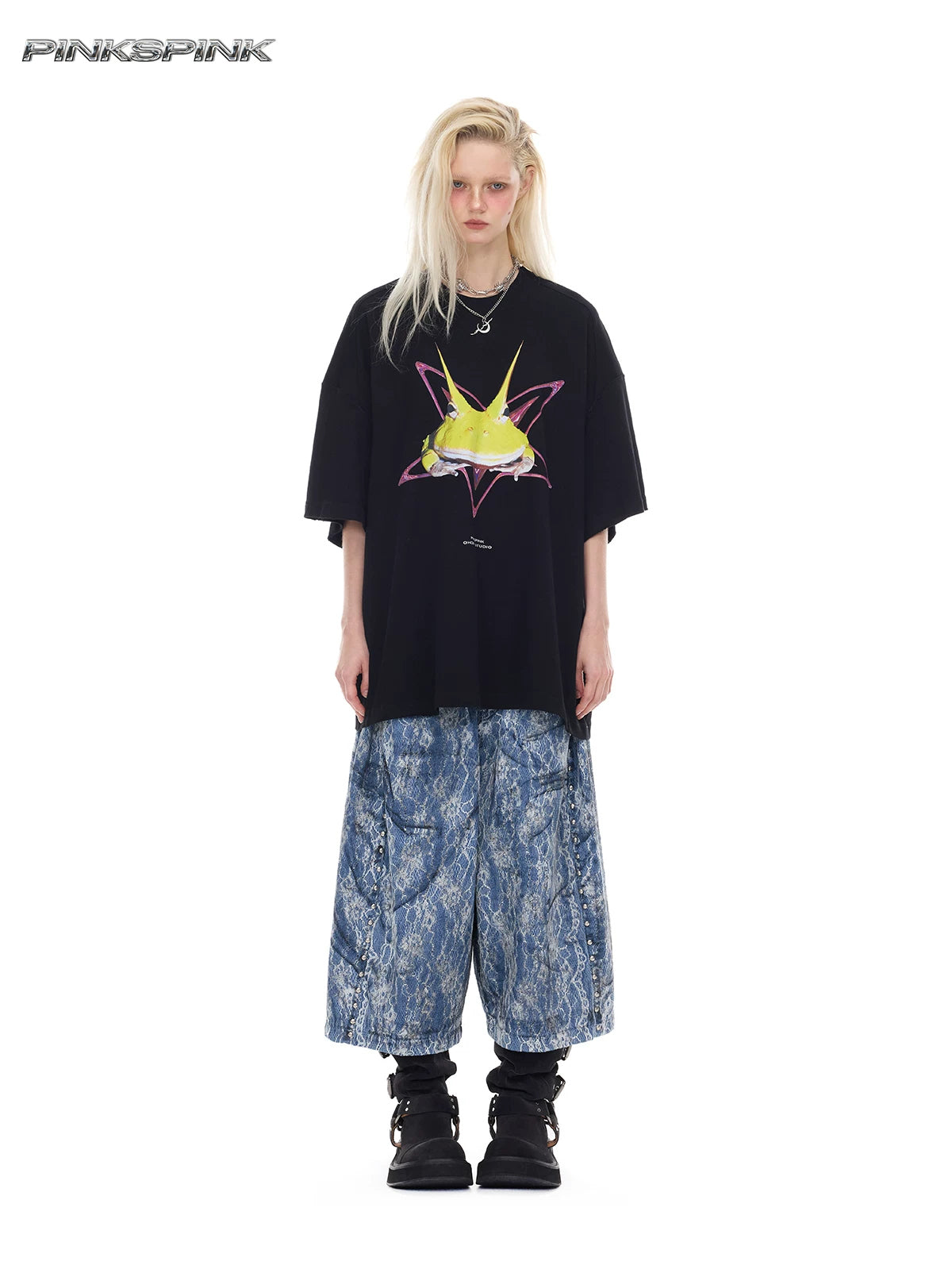 PINKSPINK ELECTRIC MOON lace-coated wide-leg denim shorts in blue — full-length front modeled view with an oversized graphic tee