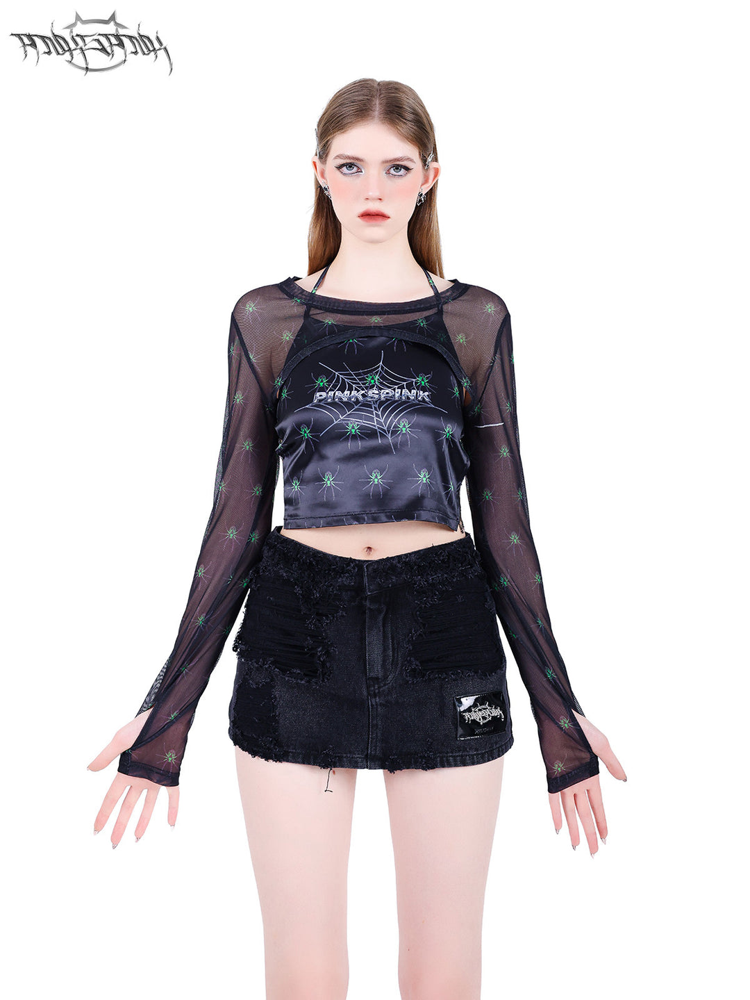 PINKSPINK SPIDER web-mesh long-sleeve shrug — front modeled close-up of the cropped mesh yoke and sleeves