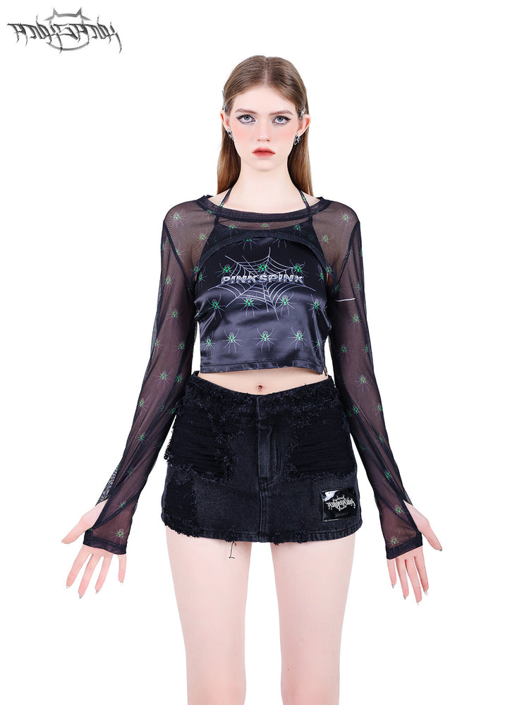 PINKSPINK SPIDER web-mesh long-sleeve shrug — front modeled close-up of the cropped mesh yoke and sleeves
