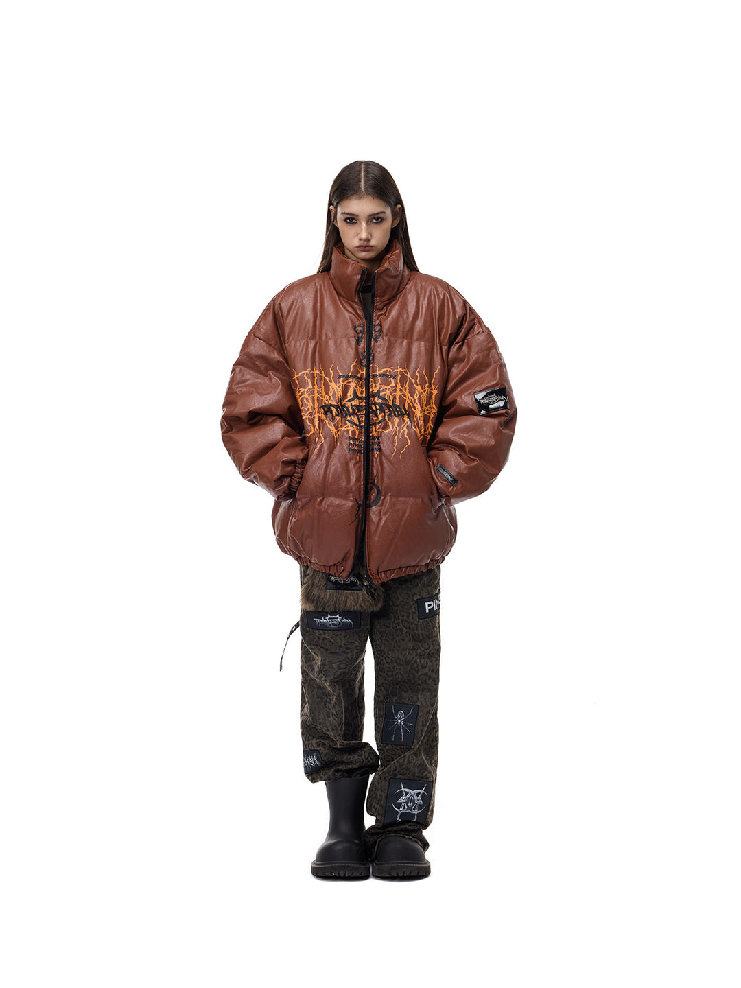 PINKSPINK MOTORBLOC padded faux-leather jacket — caramel brown front modeled view with hands in pockets