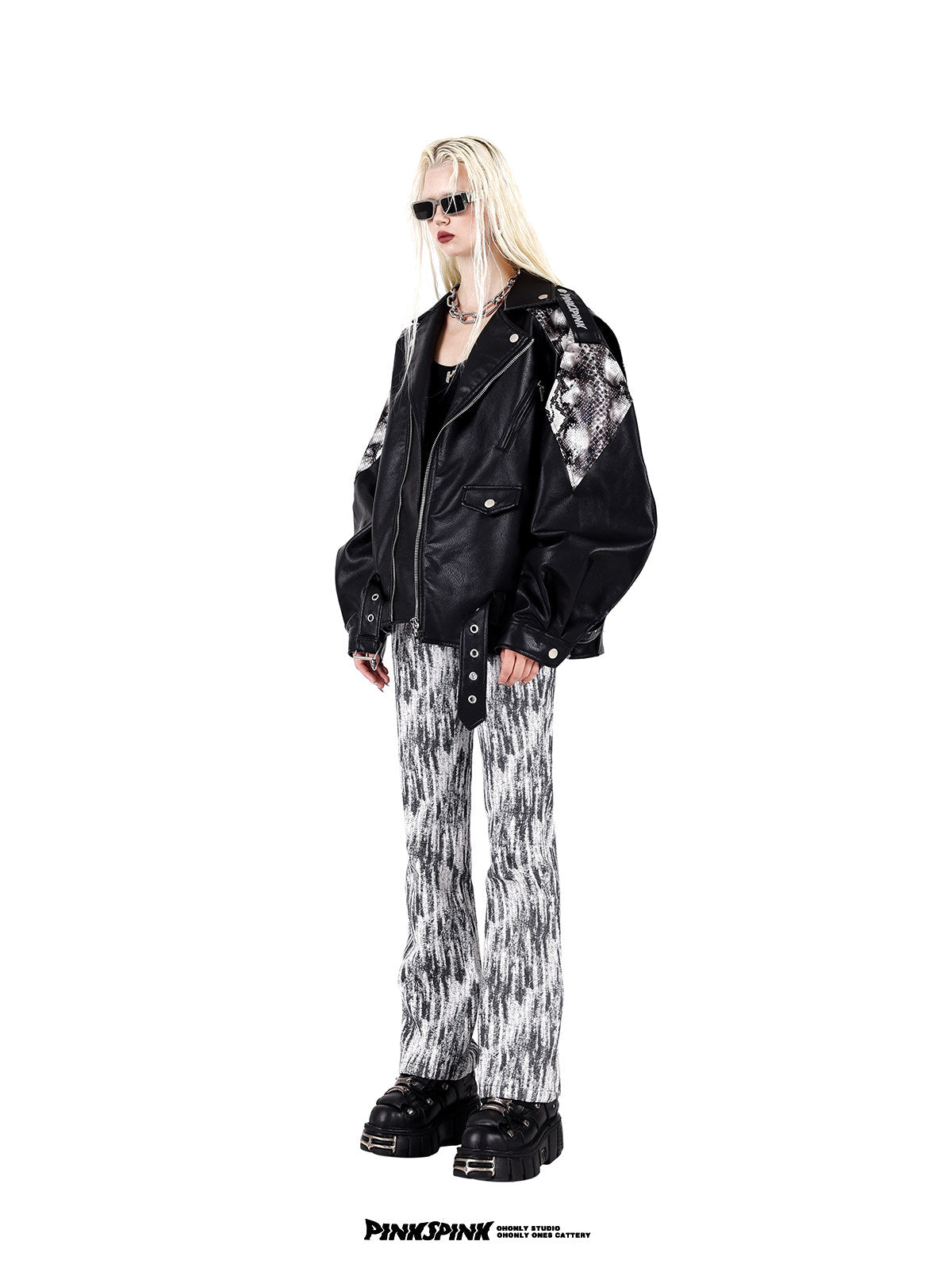 PINKSPINK COBRA snake-print faux-leather moto jacket — black full-length angled view styled with printed trousers