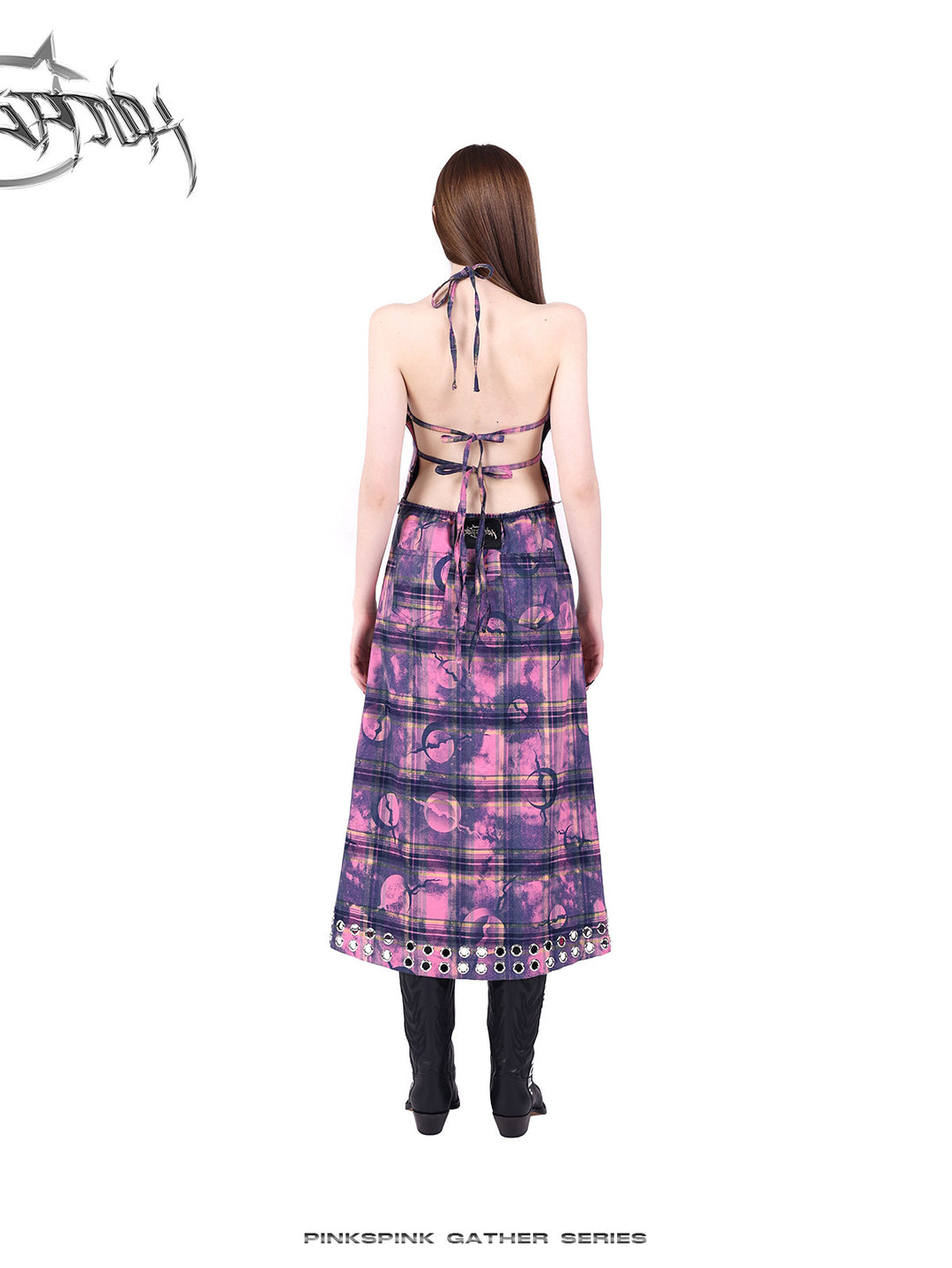 PINKSPINK WASTELAND eyelet plaid halter dress in pink purple — rear full-length modeled view showing the open back and ties