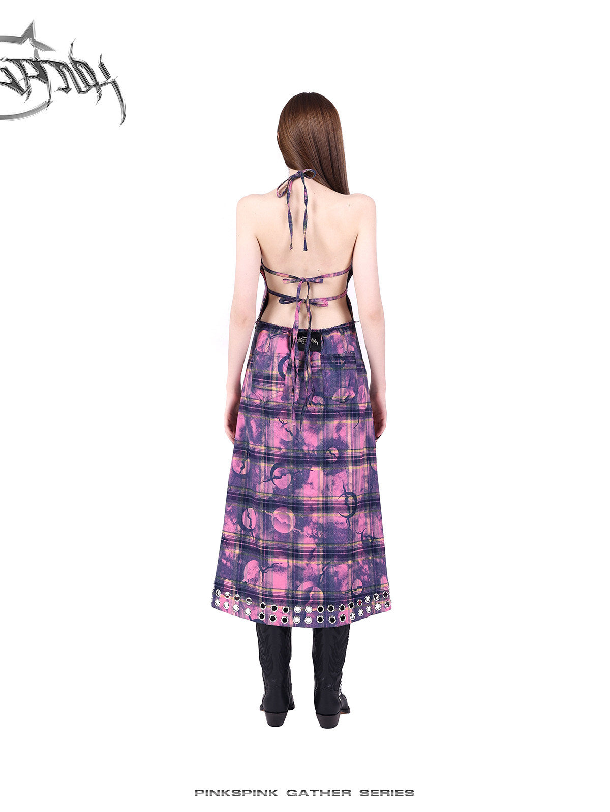 PINKSPINK WASTELAND eyelet plaid halter dress in pink purple — rear full-length modeled view showing the open back and ties
