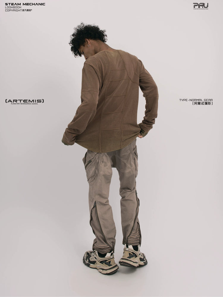 RUSTED ORBIT petrified brown mesh-panel long-sleeve top — rear modeled view