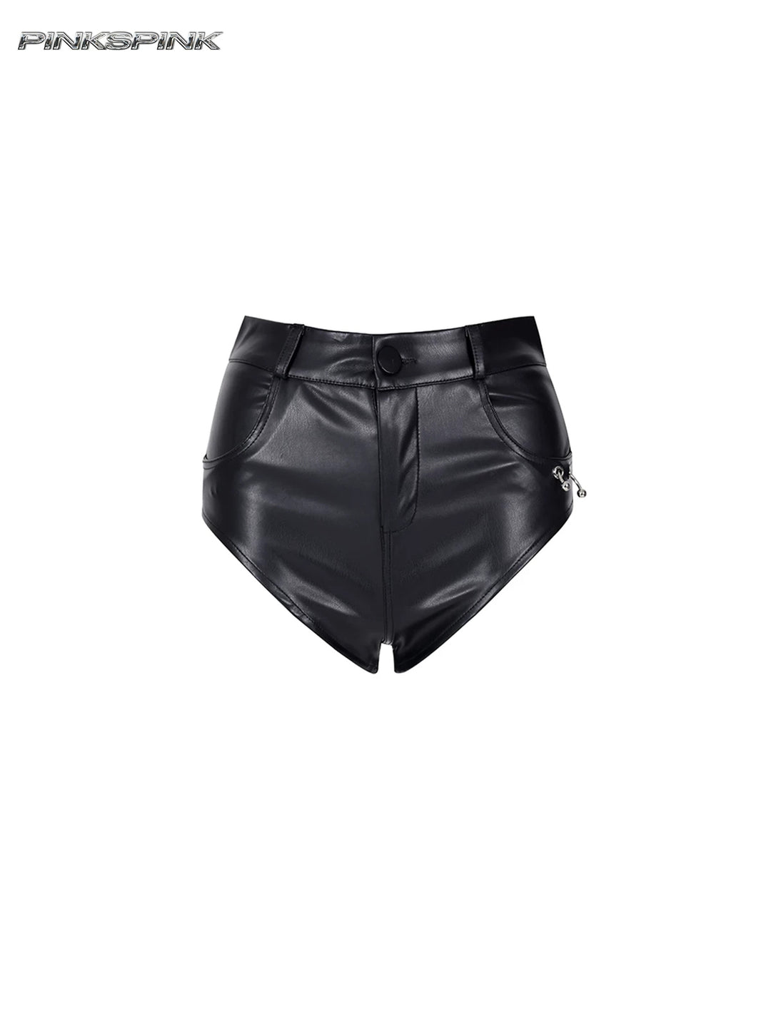 PINKSPINK REBEL ring-pierced faux-leather hotpants in black — front garment-only view showing the curved leg opening and ring detail