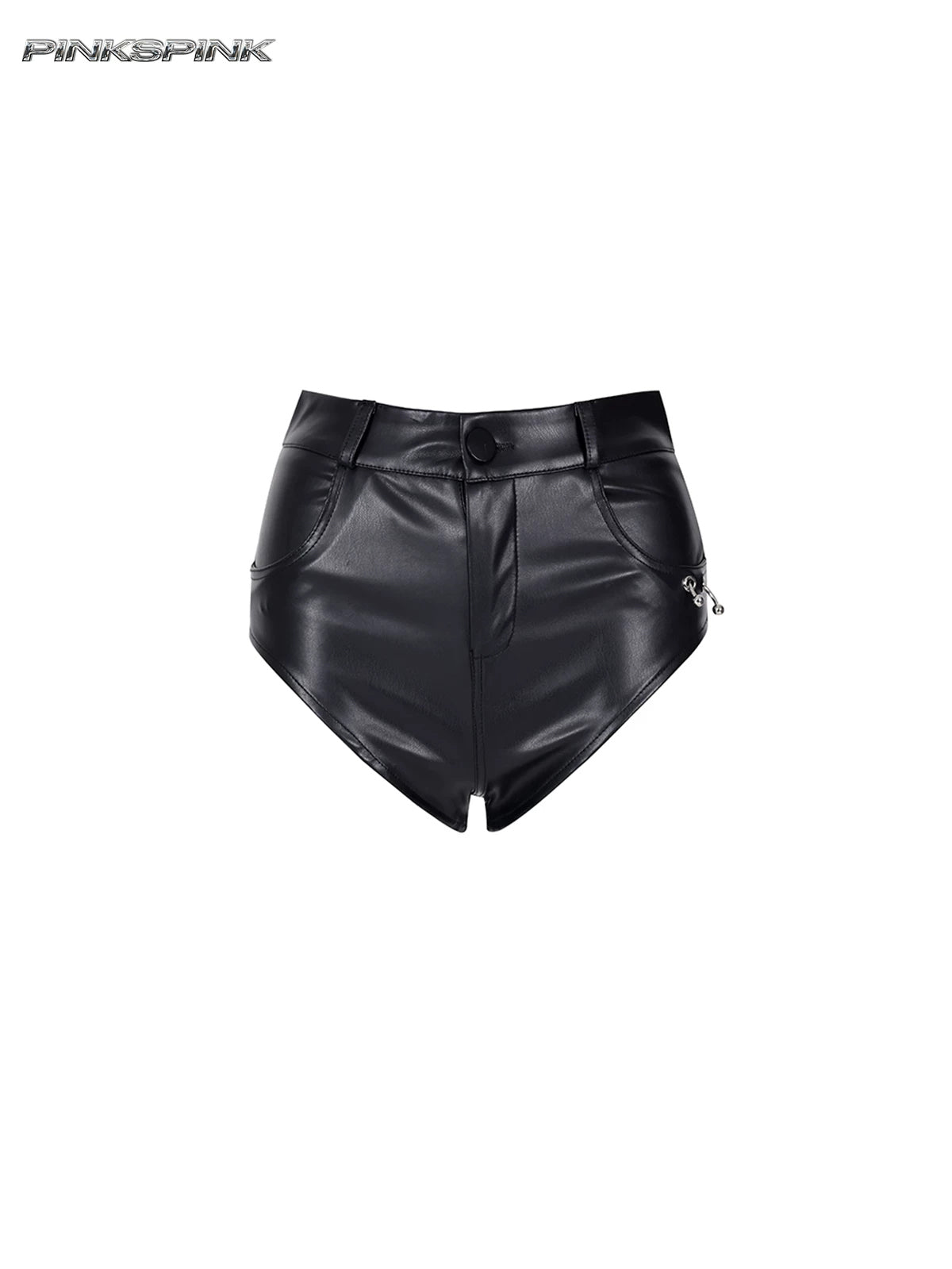 PINKSPINK REBEL ring-pierced faux-leather hotpants in black — front garment-only view showing the curved leg opening and ring detail