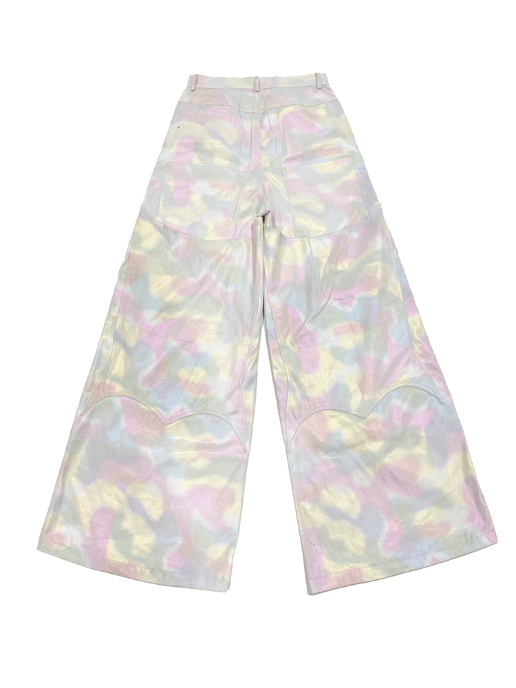 EMBRYO REFLECTIVE CAMO deconstructed wide-leg pants — rear modeled view