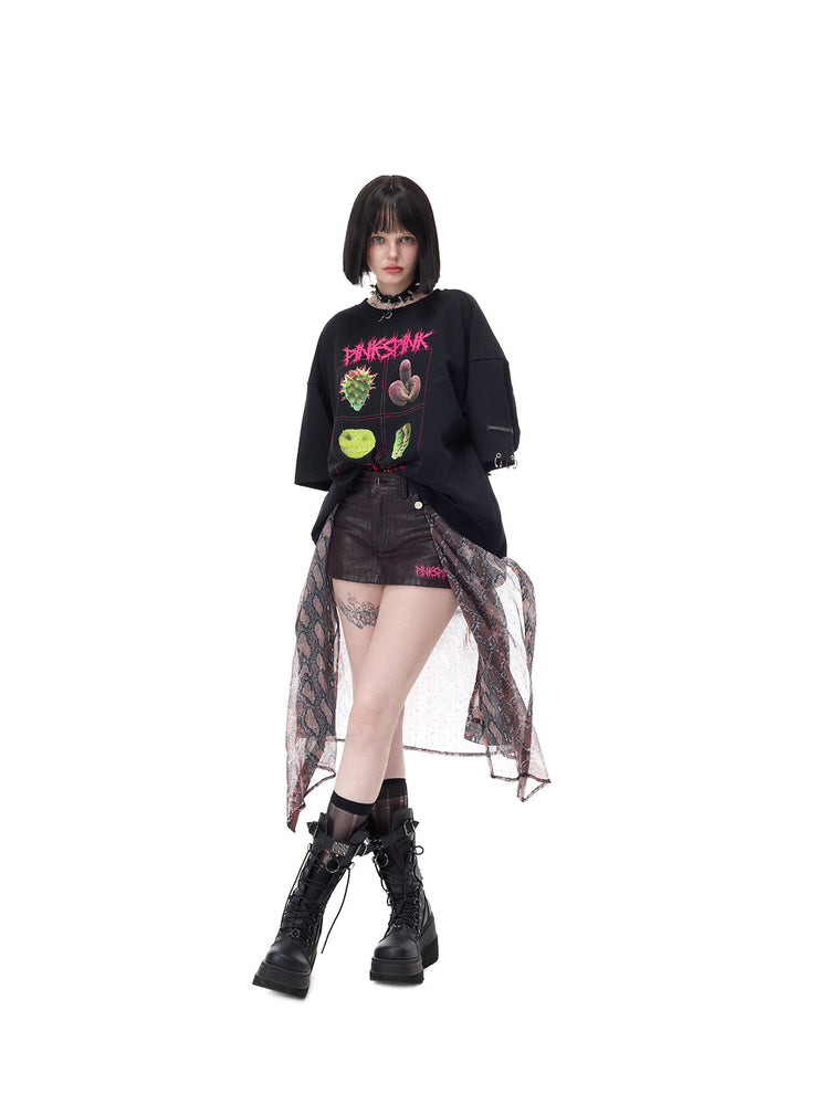 PINKSPINK PLANT PUNK oversized graphic tee in black — full-length front modeled view with a loosely tucked hem