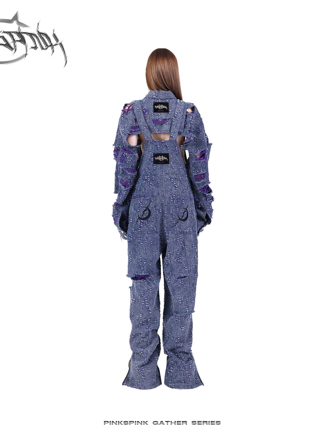 PINKSPINK BROKEN VIOLET distressed denim overalls — alternate gallery view showing the design details