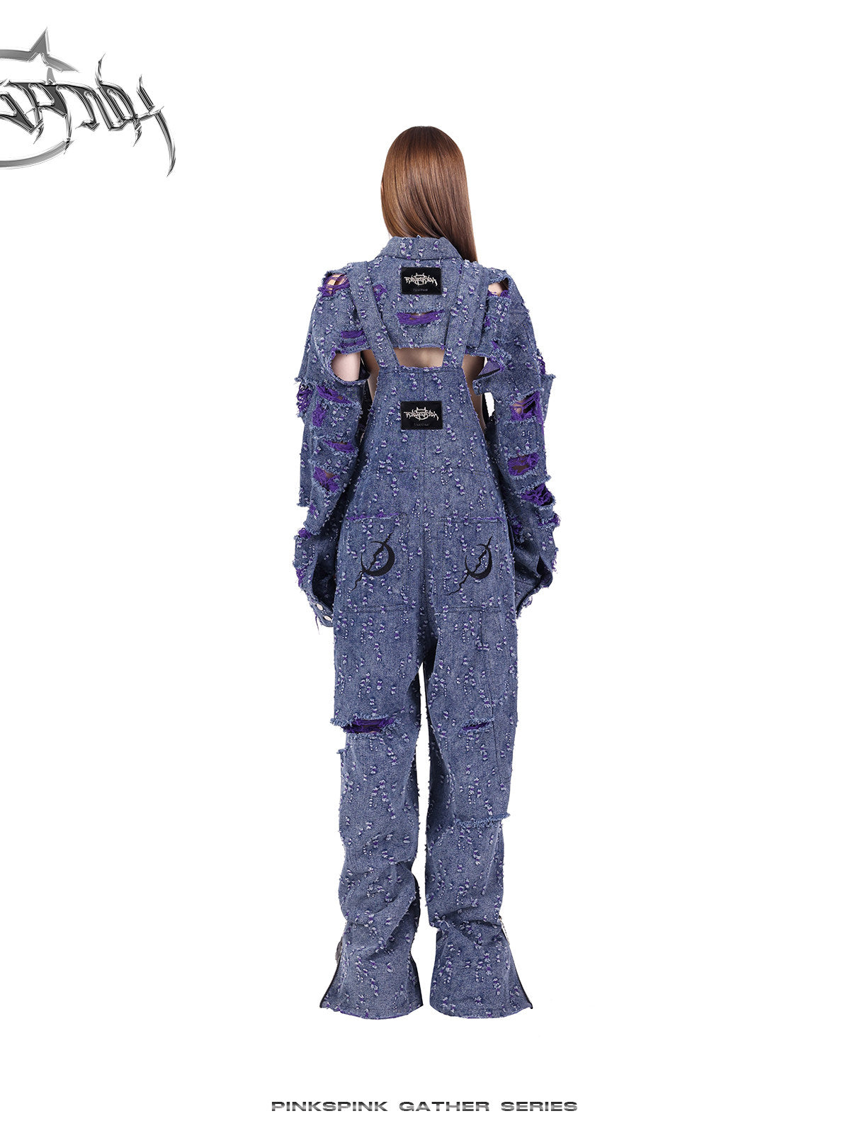 PINKSPINK BROKEN VIOLET distressed denim overalls — alternate gallery view showing the design details