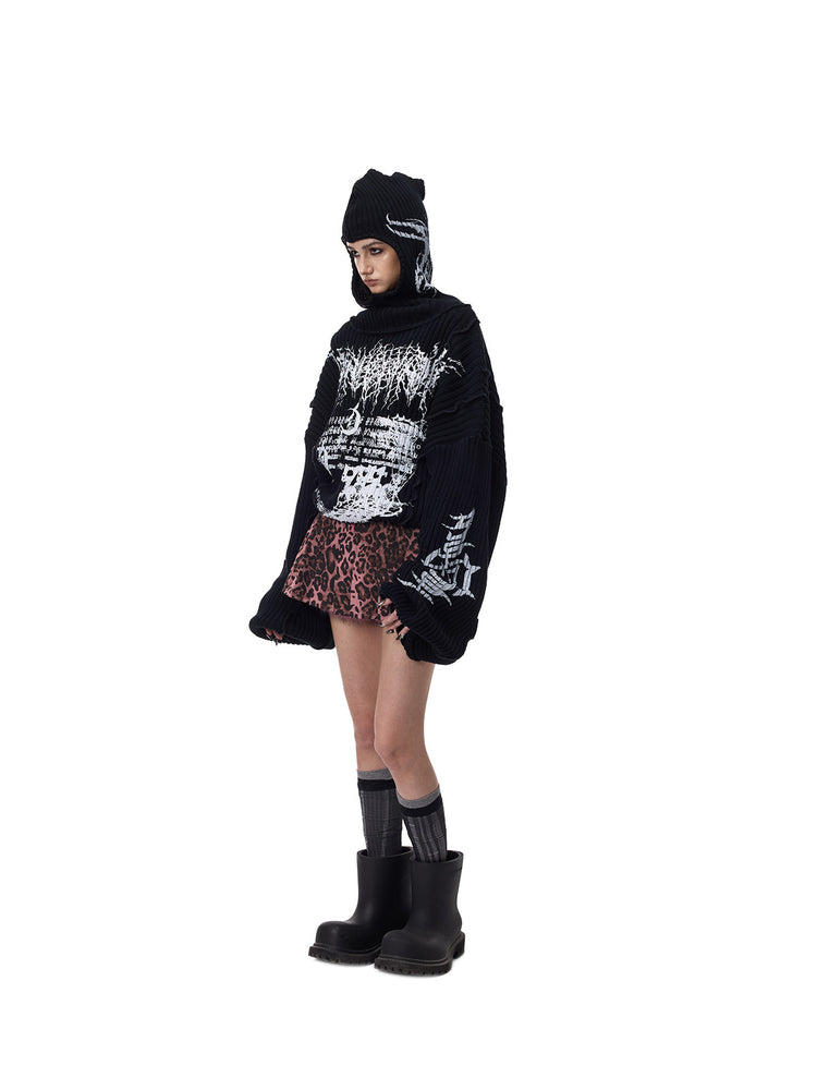 PINKSPINK THORN SIGNAL hooded graphic knit sweater — three-quarter full-length view with hood raised