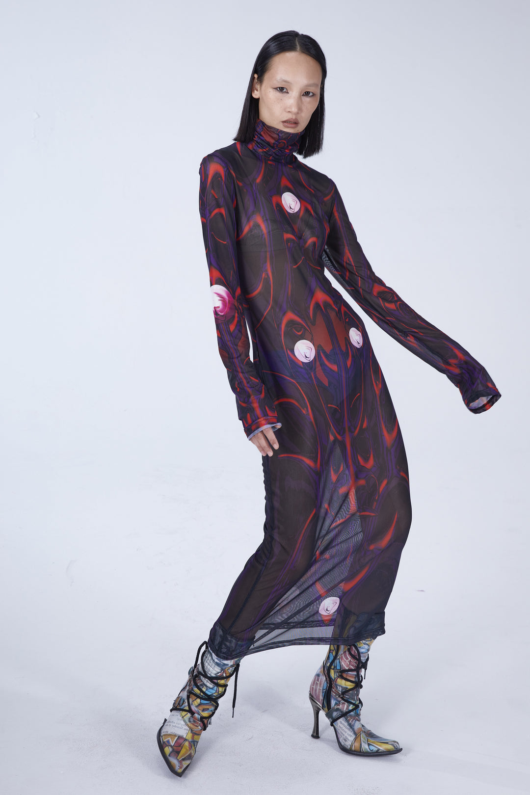 EMBRYO BODY TOTEM mesh maxi dress — alternate modeled angle
