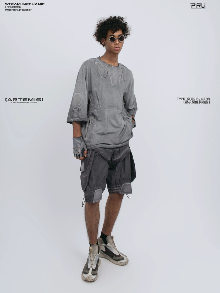 STARCORE moon dust gray distressed mesh tee — rear modeled view