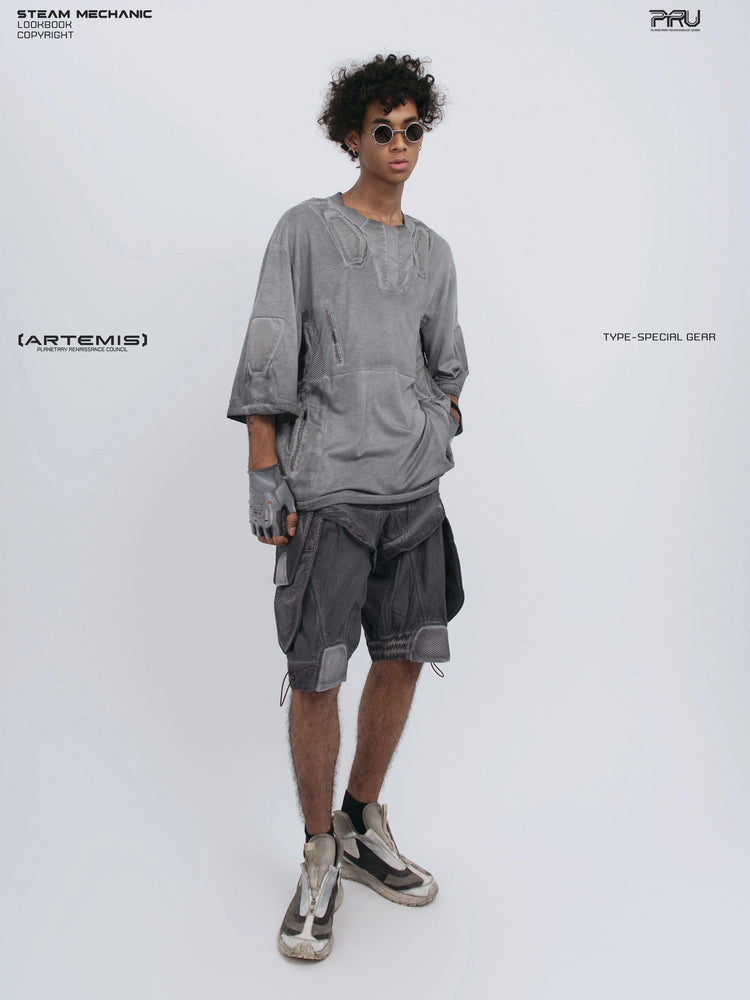 STARCORE moon dust gray distressed mesh tee — full-length front view with one hand in a pocket