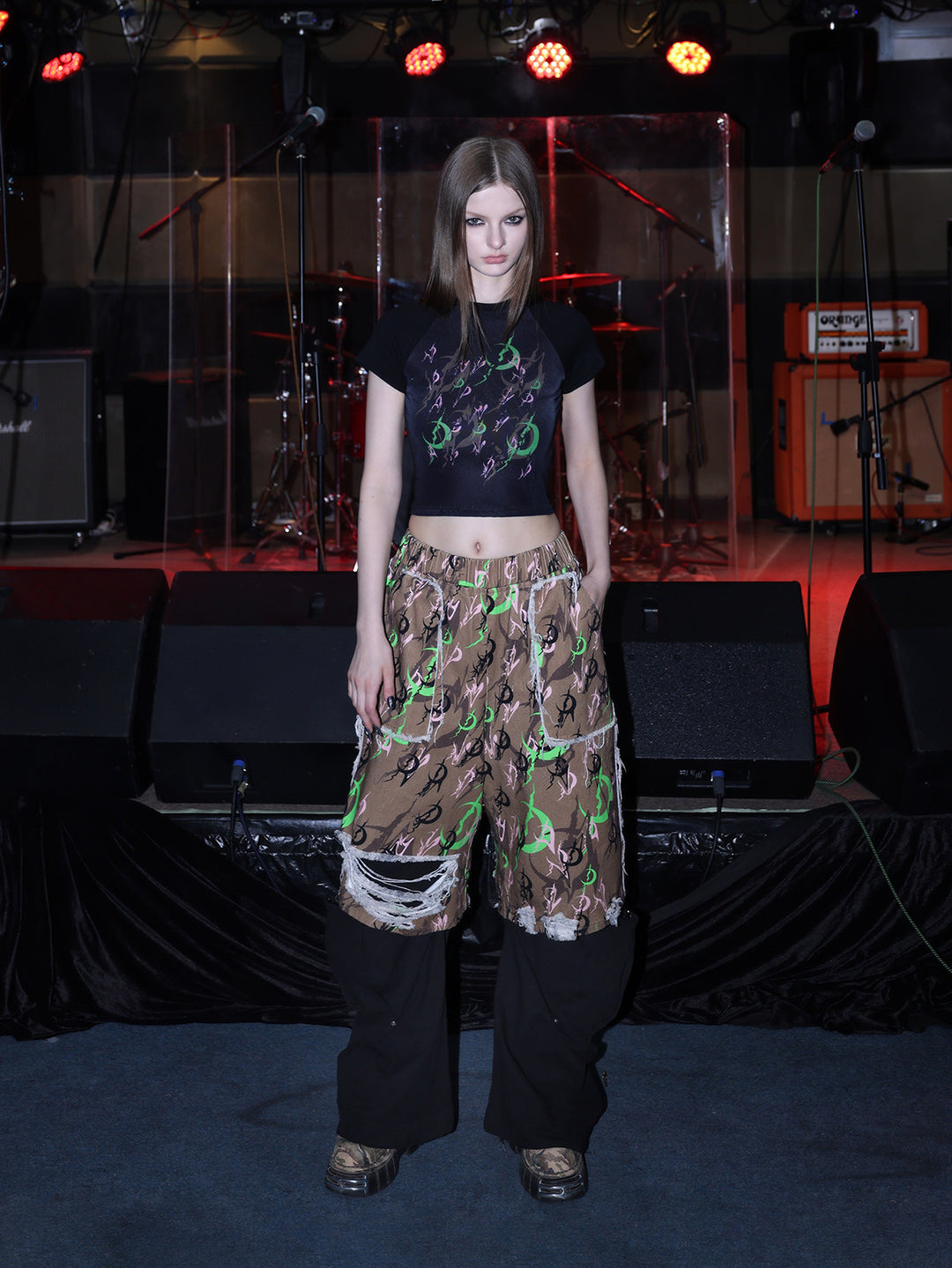 PINKSPINK ELECTRIC MOON fitted mesh crop tee — full-length front modeled view showing the tee in a layered outfit
