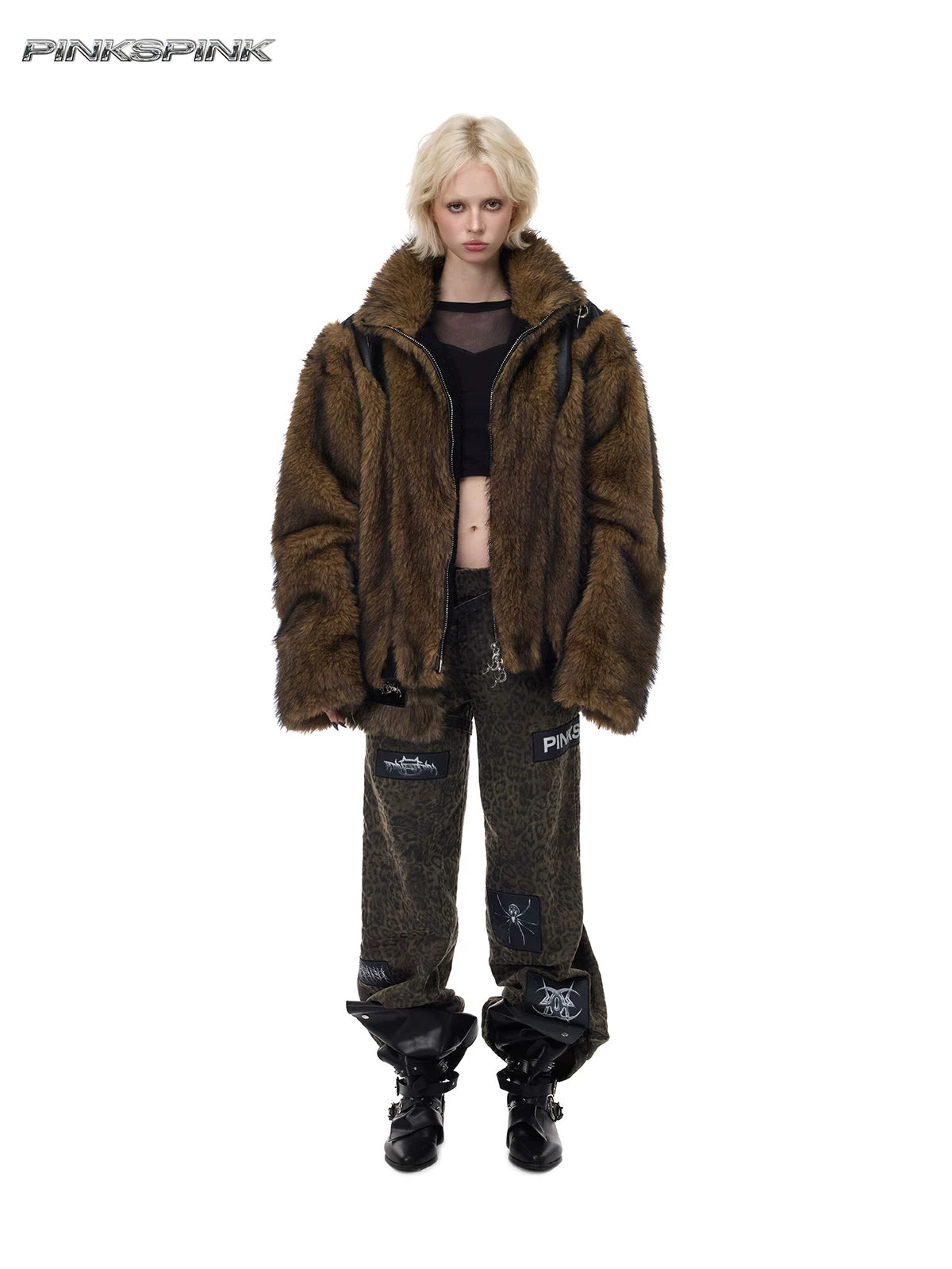 PINKSPINK ELECTRIC MOON paneled faux-fur jacket — front full-length styling with leopard pants
