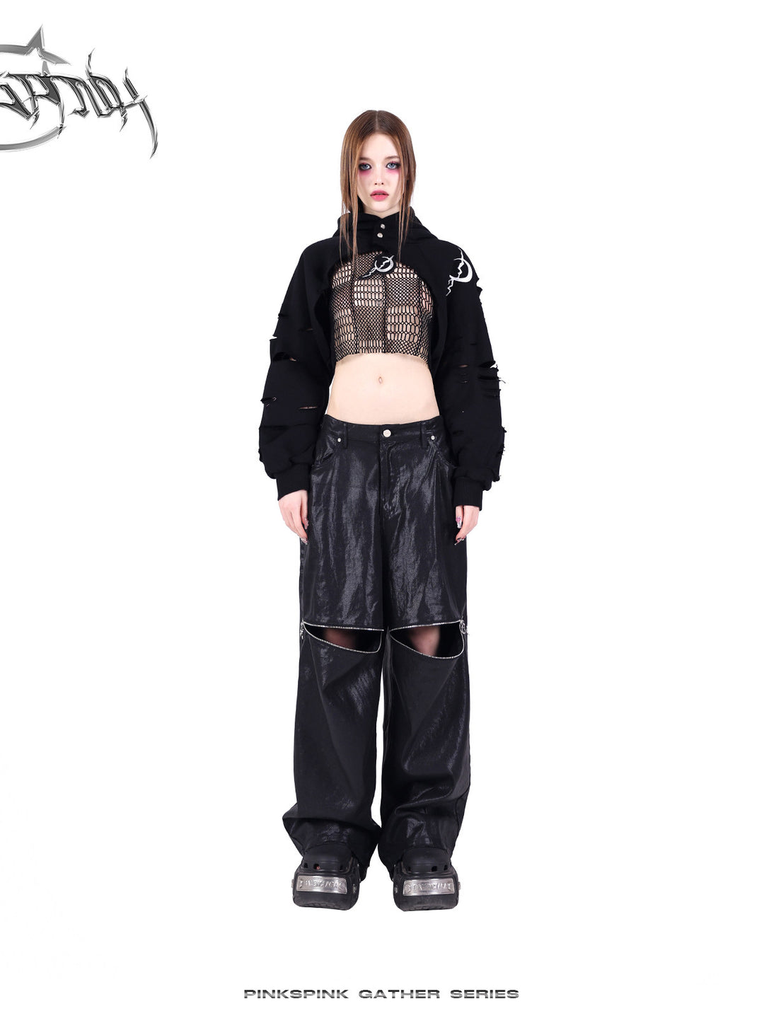 PINKSPINK GEOMETRY open-mesh crop tee in black — front styling view with the separate hood lowered