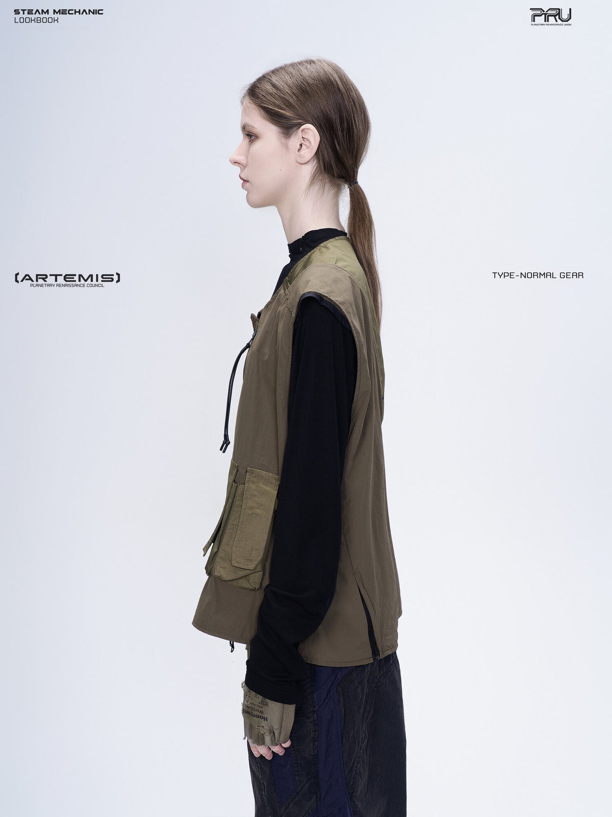 CLERIC utility nylon vest in vine gray green — side modeled view showing the armhole and side zip