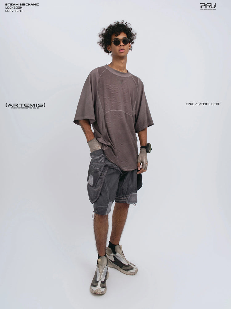 STARFIELD WELDER dust mist purple distressed mesh tee — full-length front view looking up