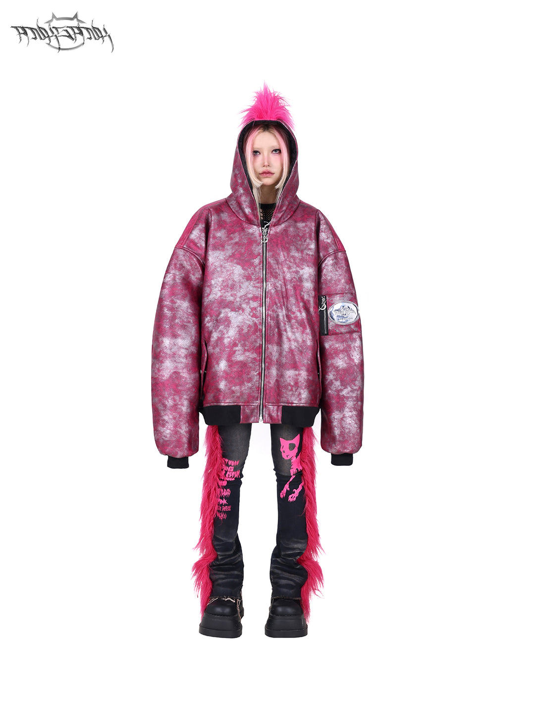PINKSPINK BARBIE faux-fur flared jeans in PINK — front full-body view styled with a closed jacket.