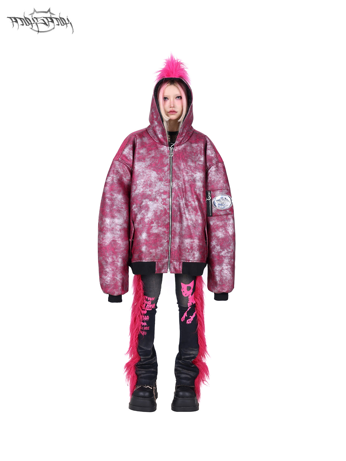 PINKSPINK BARBIE faux-fur flared jeans in PINK — front full-body view styled with a closed jacket.