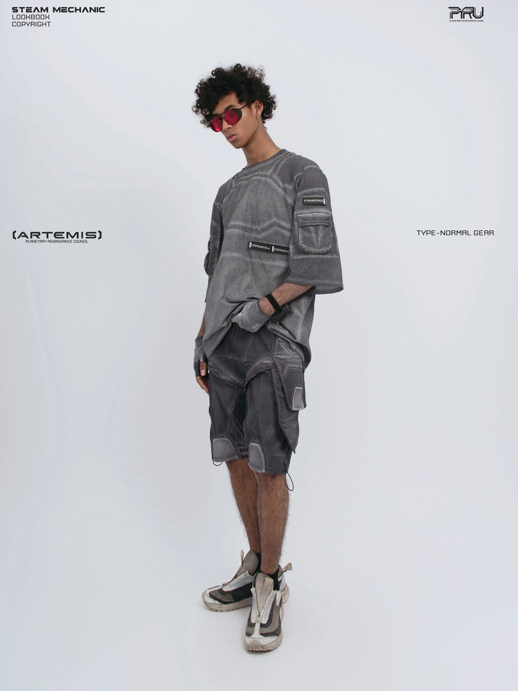 STARCORE moon dust gray velcro mesh tee — full-length side modeled view showing sleeve pocket