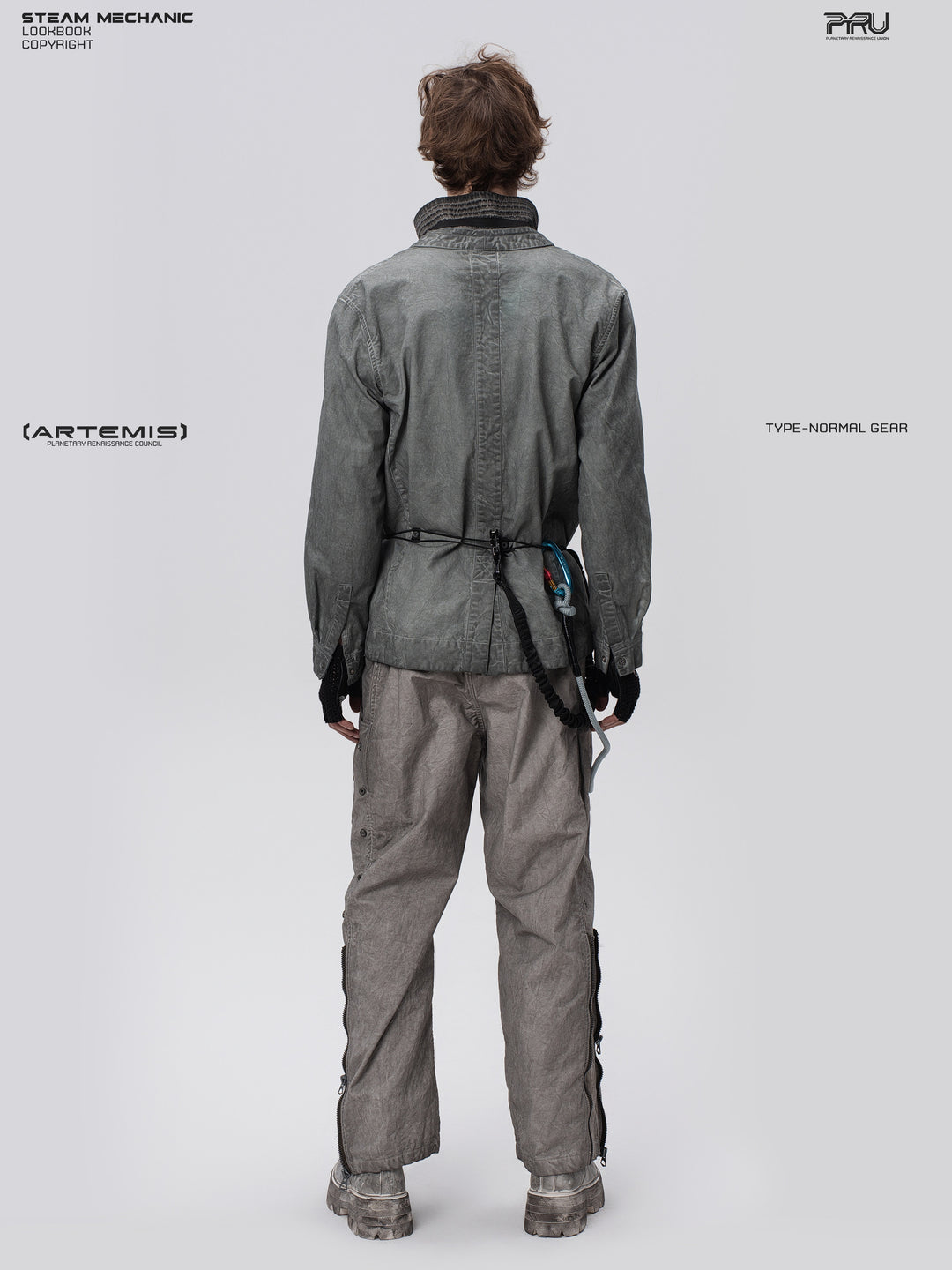GAIA meteor gray open-collar technical robe — full-length modeled back view showing the relaxed silhouette