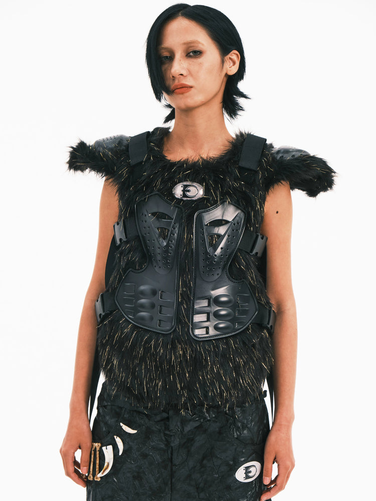 EMBRYO GOLD MECHA long-pile armored vest — front modeled view