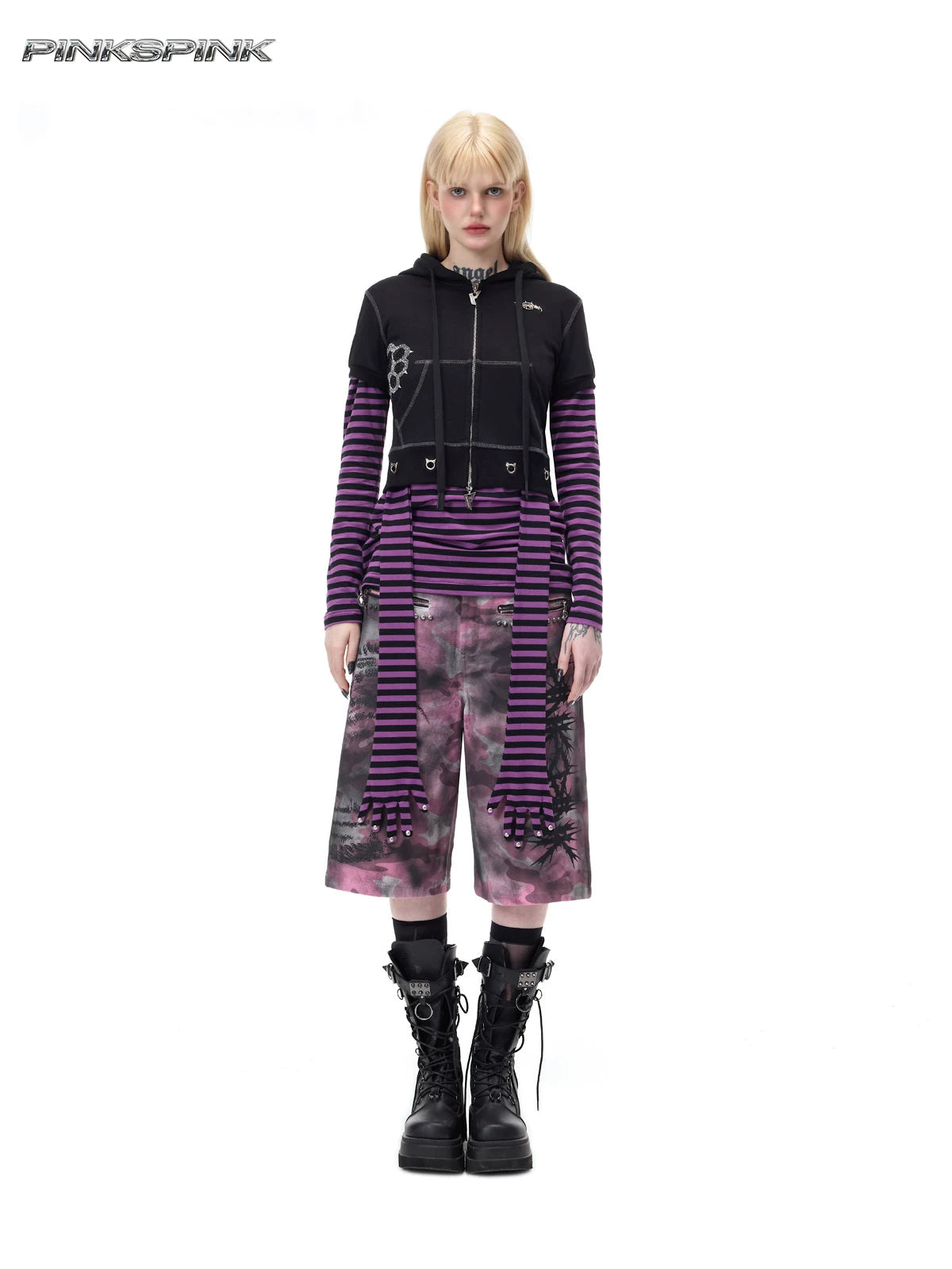 PINKSPINK CATPAW cropped cat-ear zip hoodie in black — full-length front modeled view layered over a separate striped tee