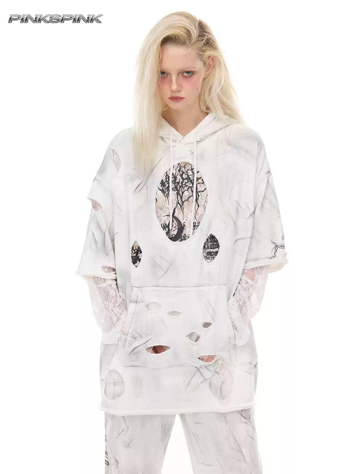 PINKSPINK ELECTRIC MOON coated distressed hoodie — alternate modeled view showing the silhouette