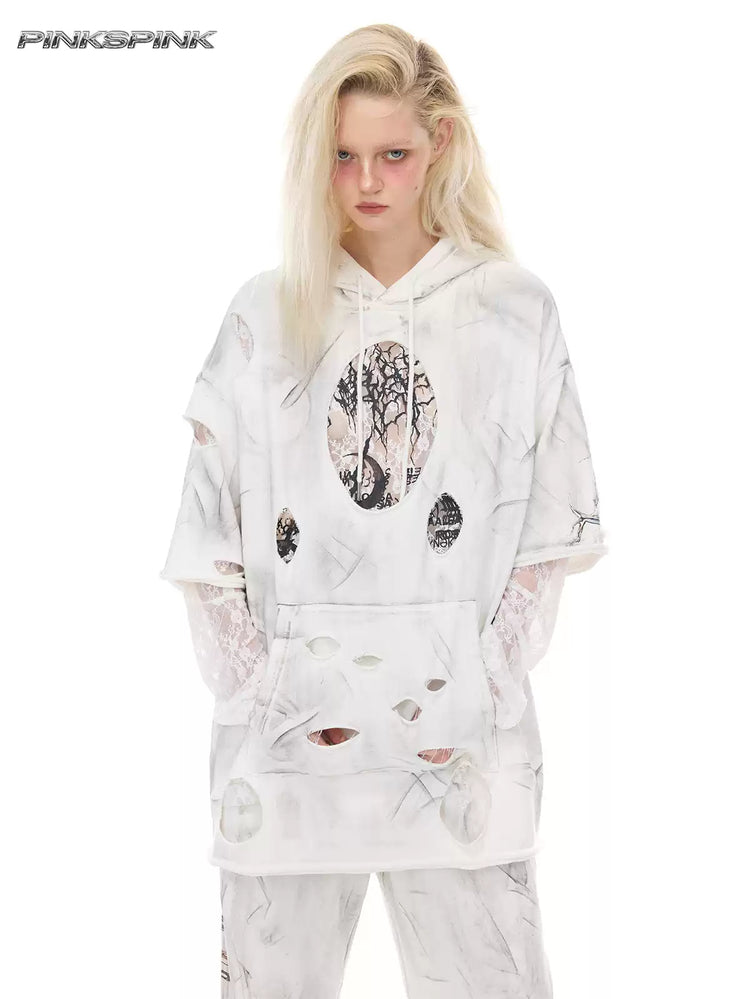 PINKSPINK ELECTRIC MOON coated distressed hoodie — alternate modeled view showing the silhouette