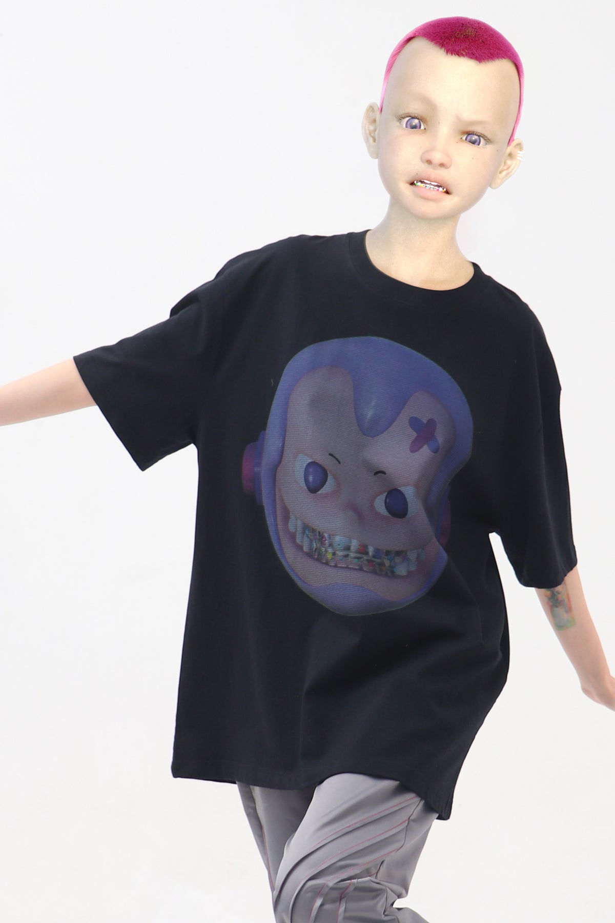 EMBRYO E23 LITTLE ONE oversized black graphic tee — fabric and graphic detail