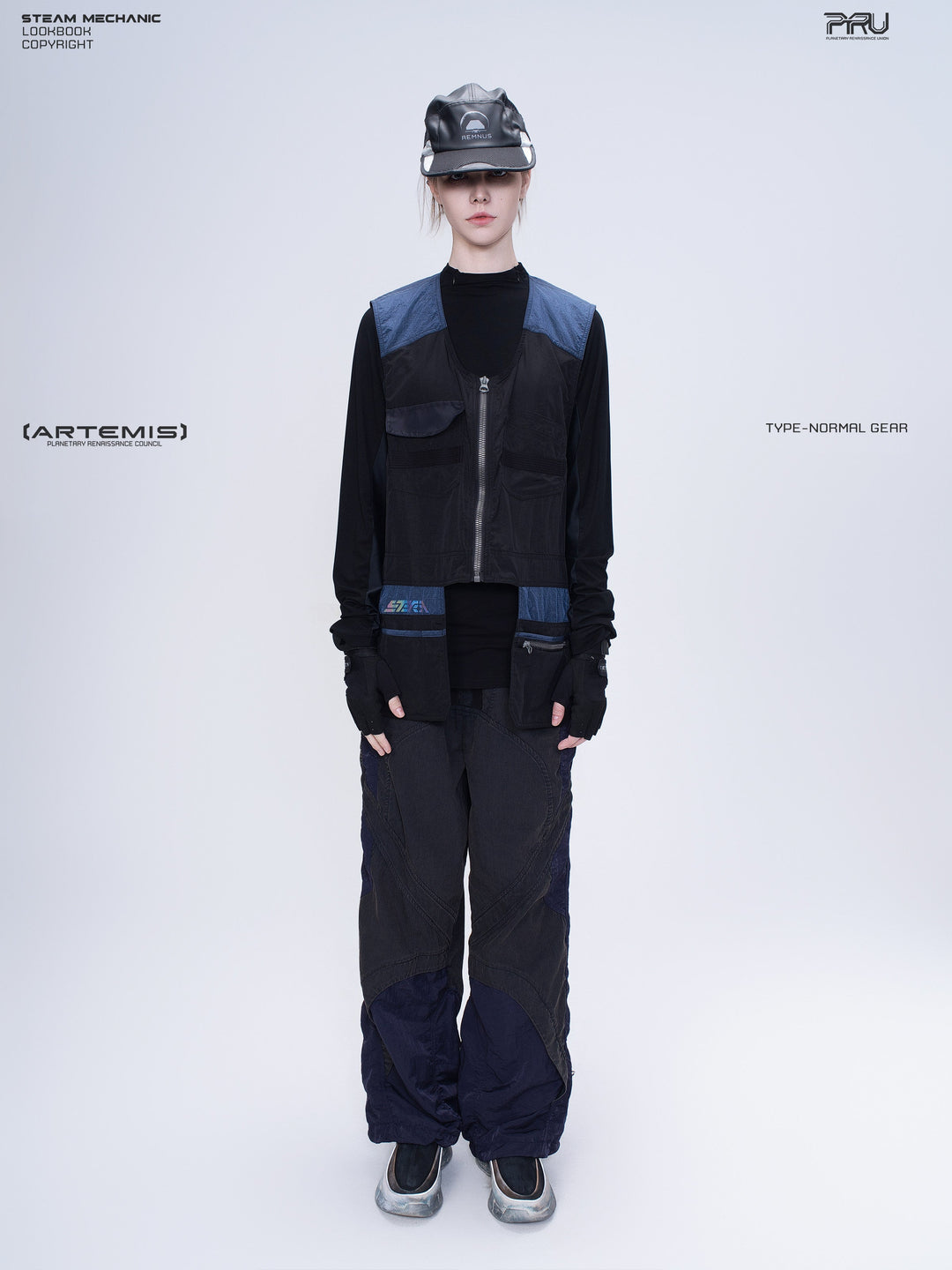 PIONEER stardust black multi-pocket technical vest — full-length styled view