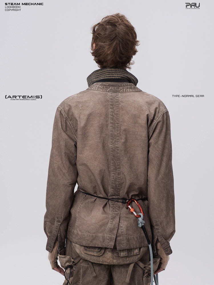 GAIA ochre brown open-collar technical robe — back modeled view showing the center vent