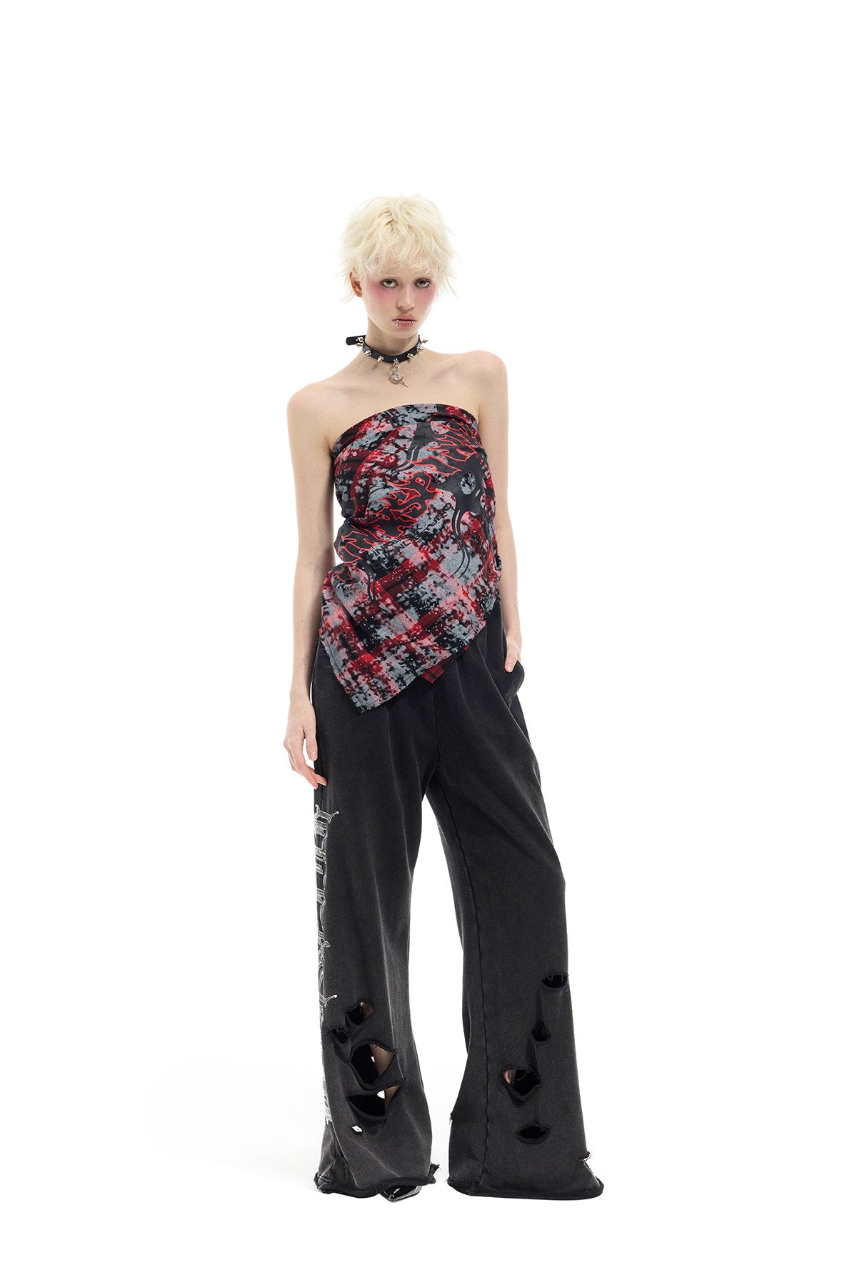 PINKSPINK REMAKE red-plaid bandana top / headscarf — close modeled view highlighting the construction