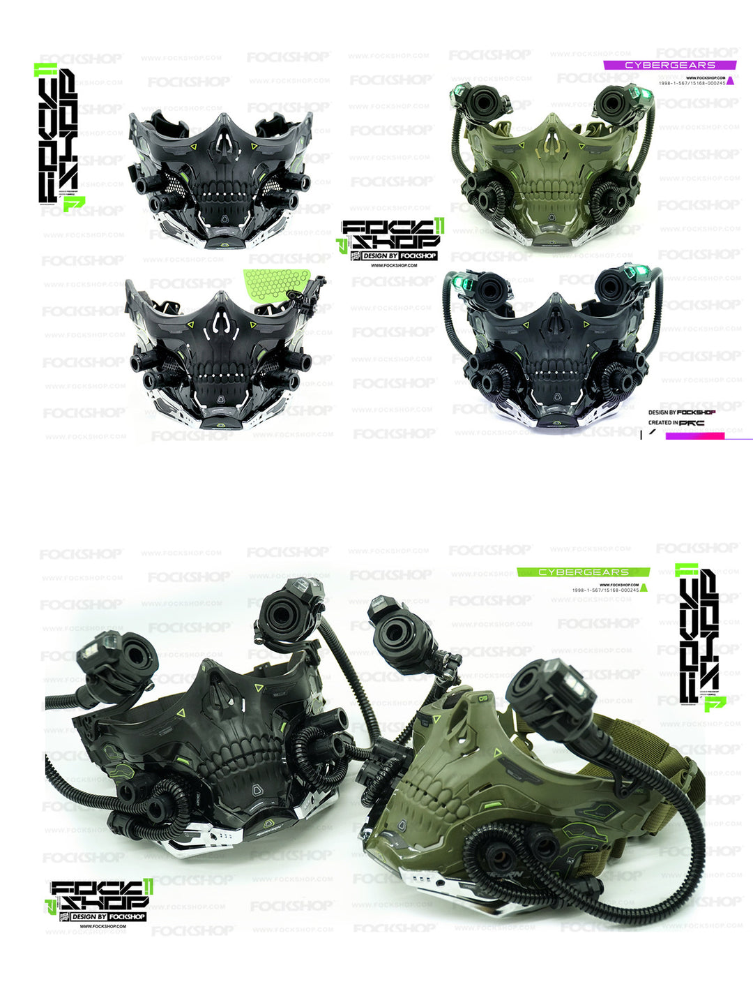 FOCKSHOP STARPOLE skull cyber mask — display comparison of standard, green-lens and illuminated configurations