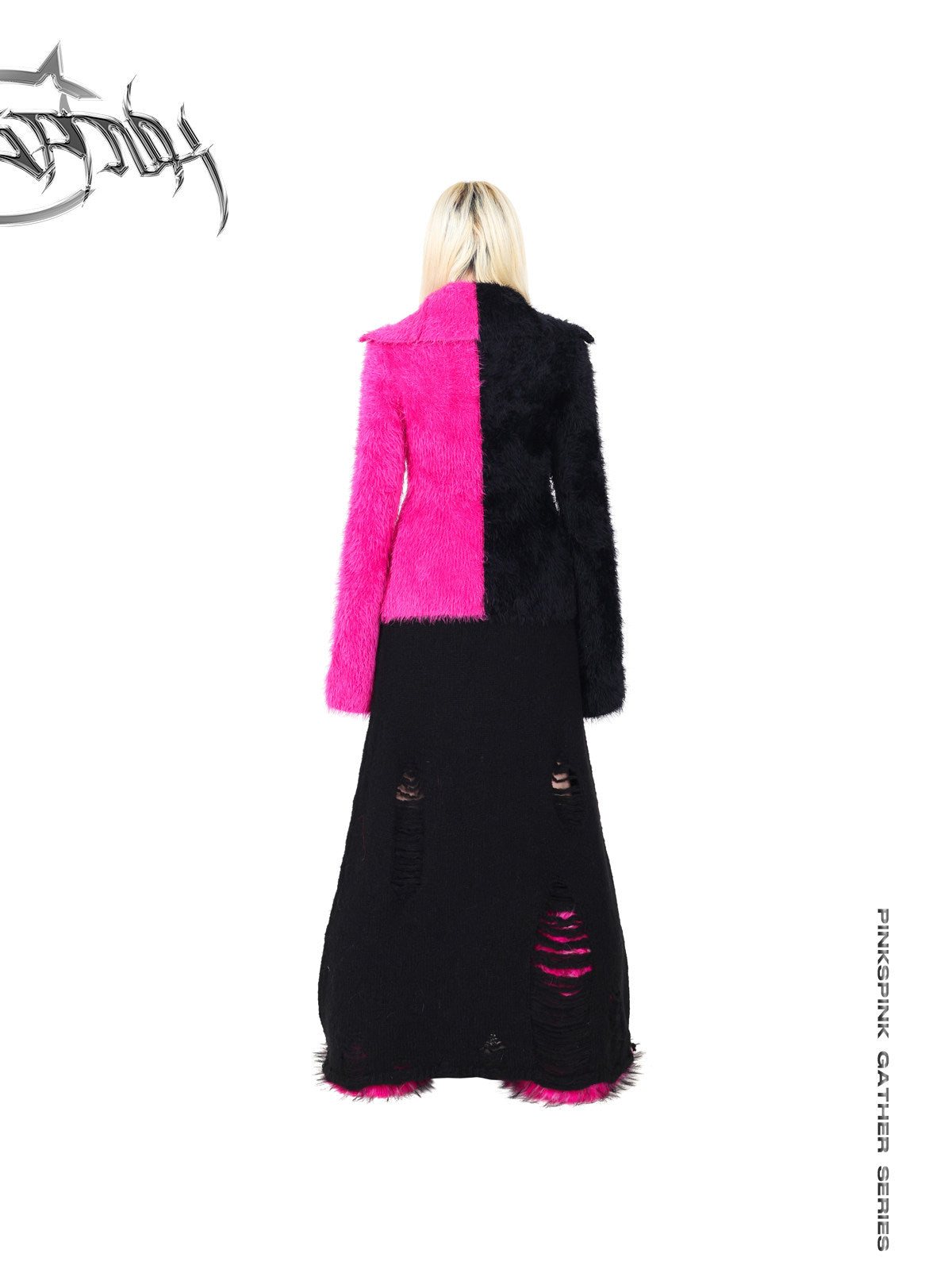 PINKSPINK ELECTRIC MOON split-color balaclava zip sweater — back modeled view with collar folded down