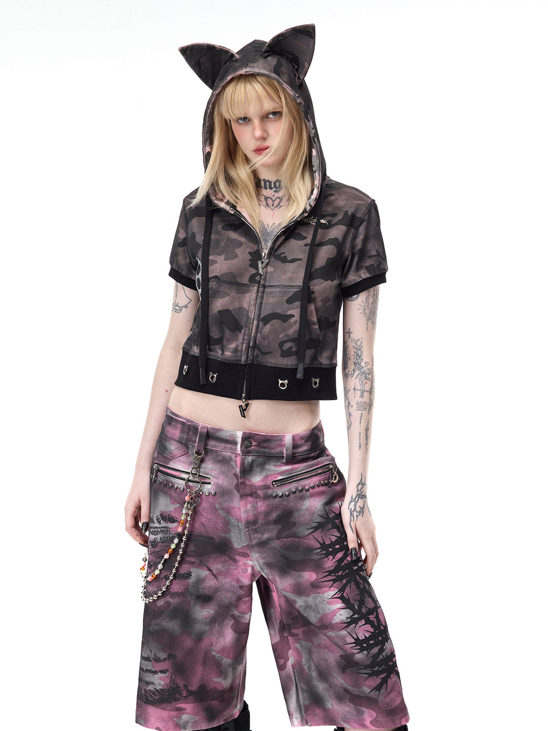 PINKSPINK CATPAW cropped cat-ear zip hoodie in gray-brown camouflage — three-quarter hood-up view with zipper partly open