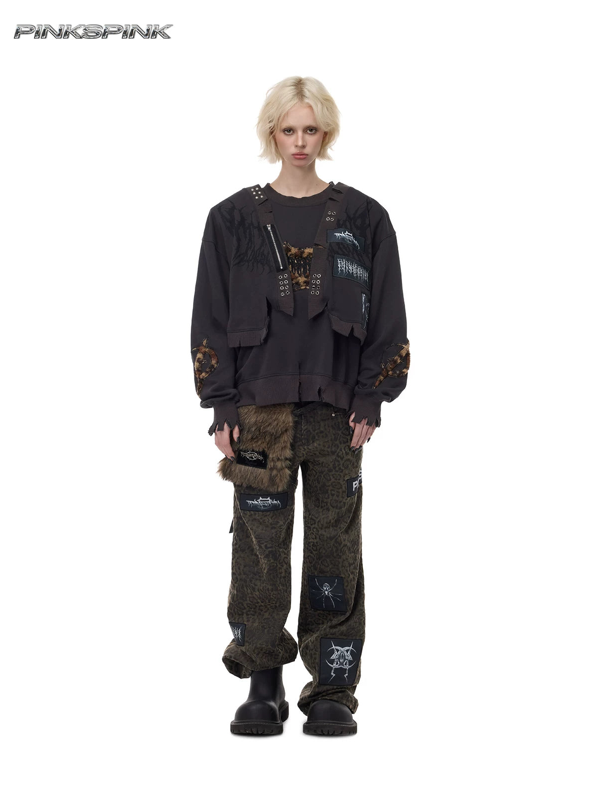 PINKSPINK LEOPARD RIOT two-way layered sweatshirt — front full-length view with long sleeves in place