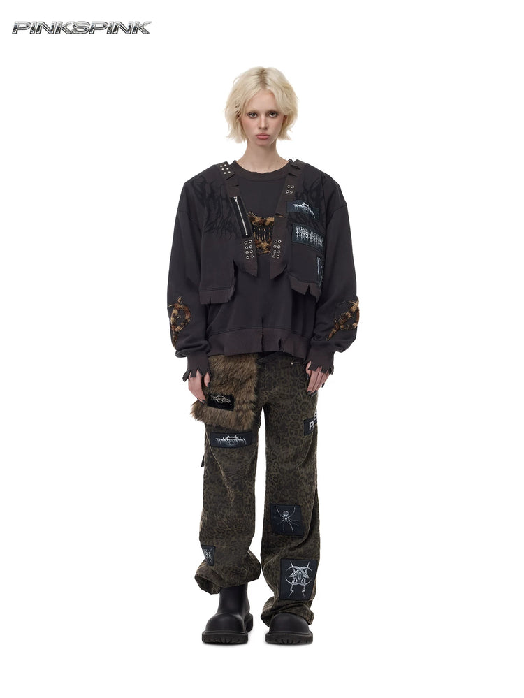 PINKSPINK LEOPARD RIOT two-way layered sweatshirt — front full-length view with long sleeves in place