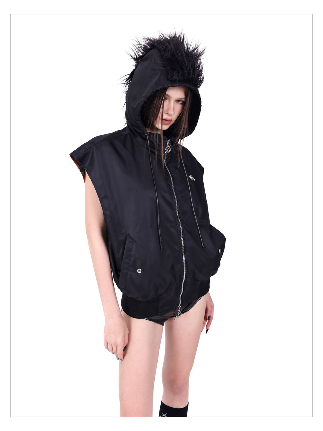 PINKSPINK FIRE CAT reversible mohawk hooded vest — close-up view of the material and finishing