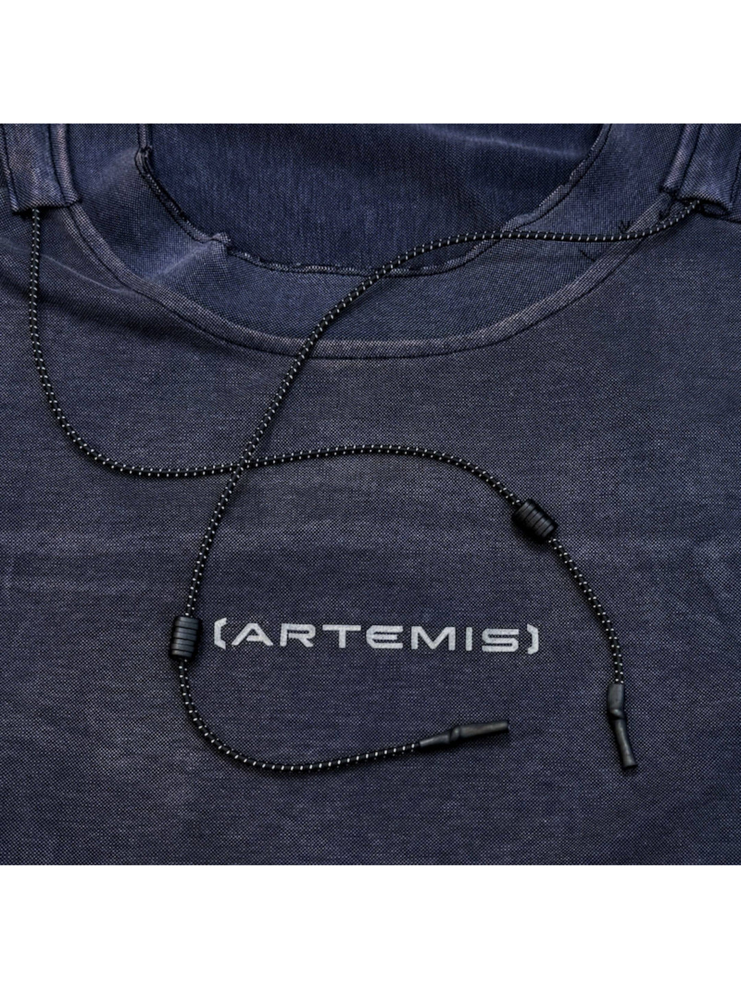 LIGHTSHADOW spirit deconstructed technical tee — purple neckline, drawcord and chest logo close-up