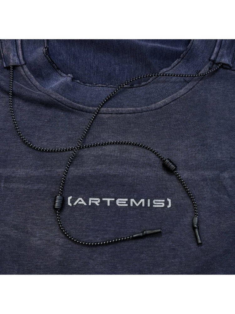 LIGHTSHADOW spirit deconstructed technical tee — purple neckline, drawcord and chest logo close-up