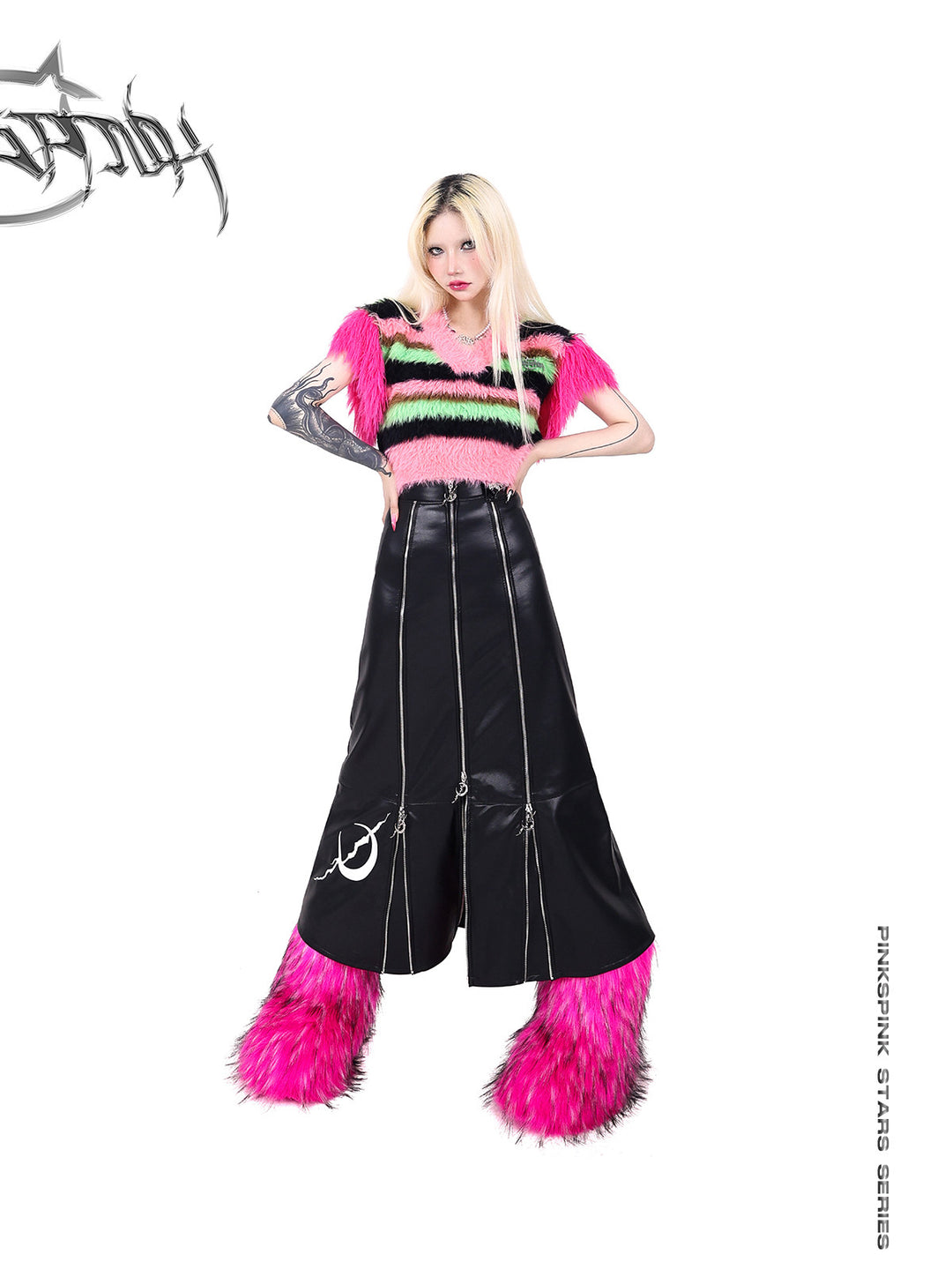 PINKSPINK ELECTRIC MOON zip-panel faux-leather maxi skirt — front full-length modeled view with hands at the waist