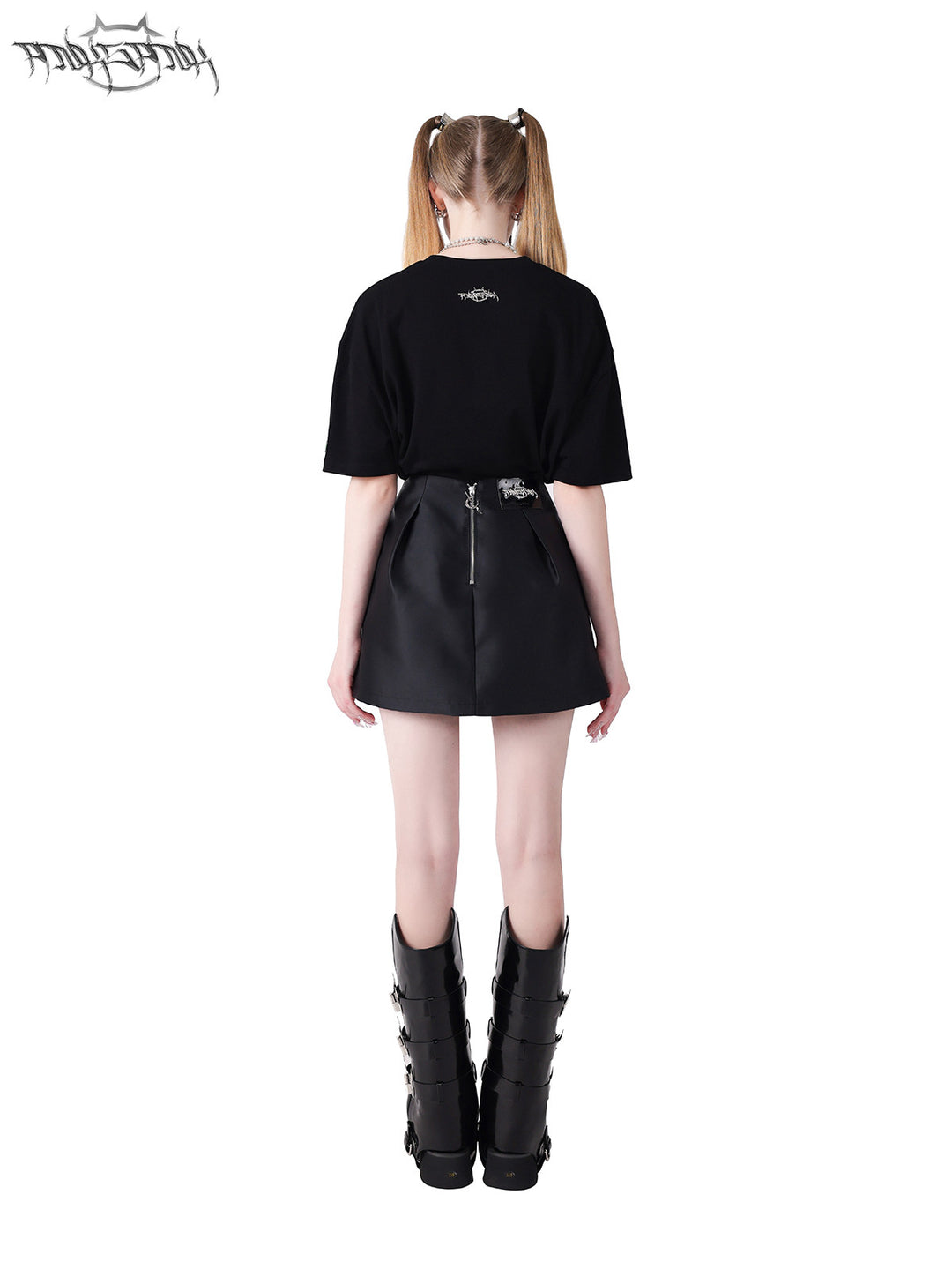 PINKSPINK GARFIELD graphic mini skirt — black back modeled view styled with the matching tee