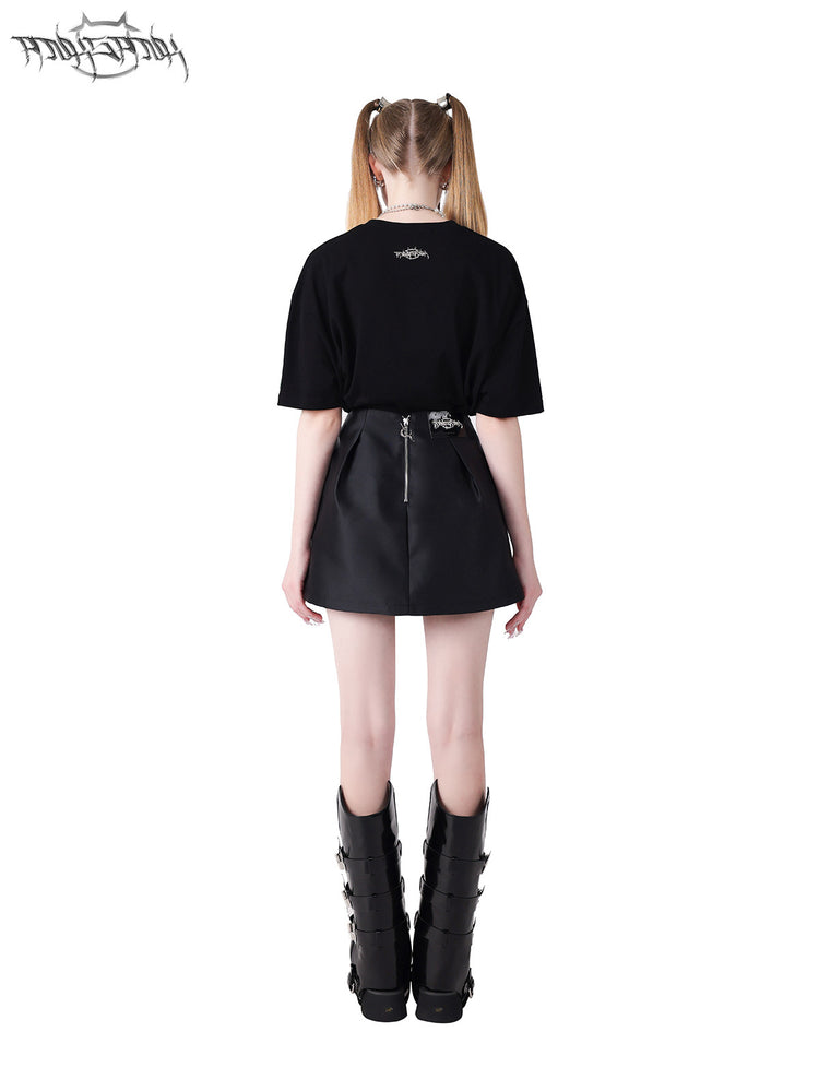 PINKSPINK GARFIELD graphic mini skirt — black back modeled view styled with the matching tee