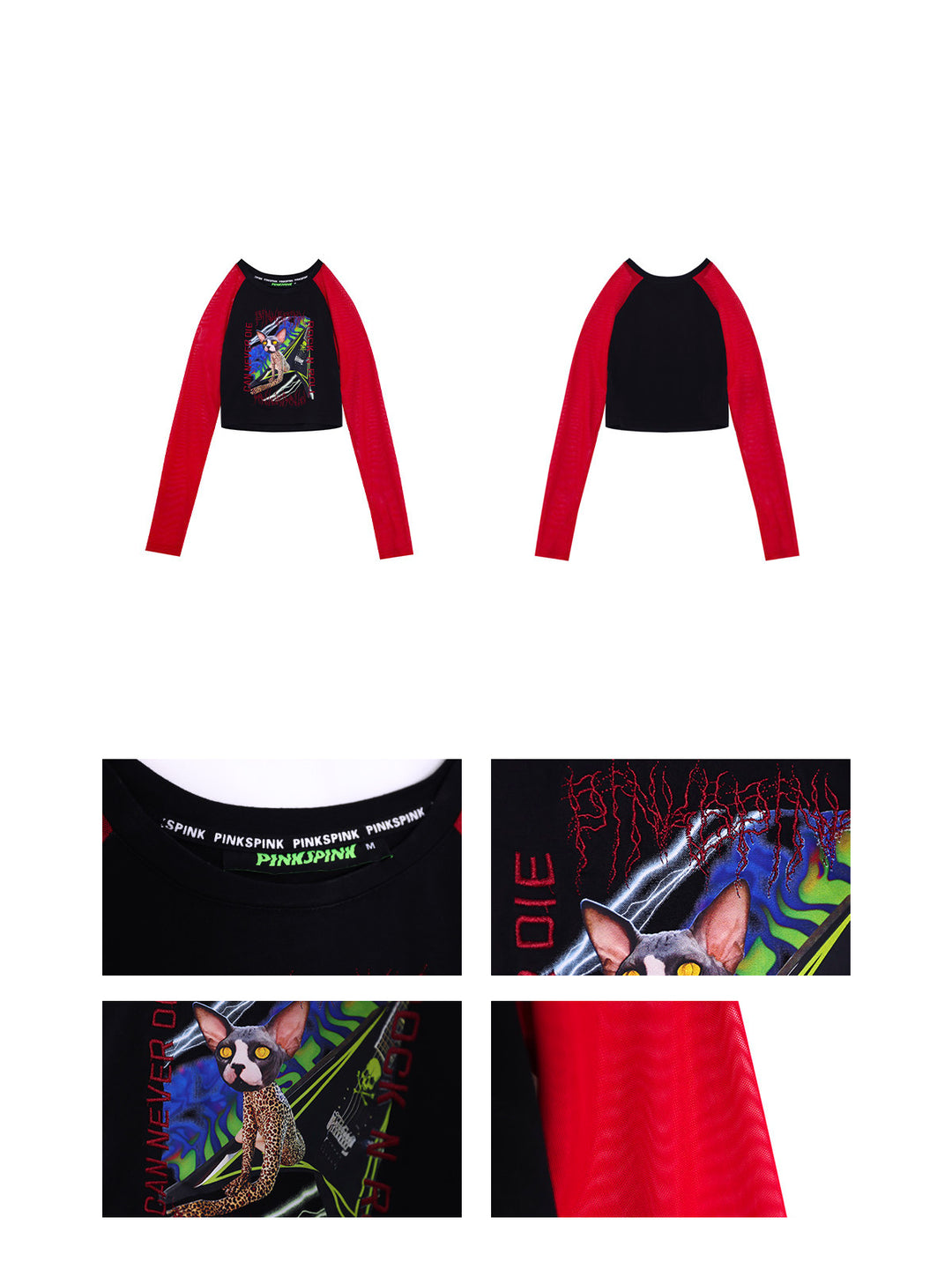 PINKSPINK SPHYNX red mesh-sleeve cropped graphic tee — black and red cropped tee — front, back and neckline, print and mesh details